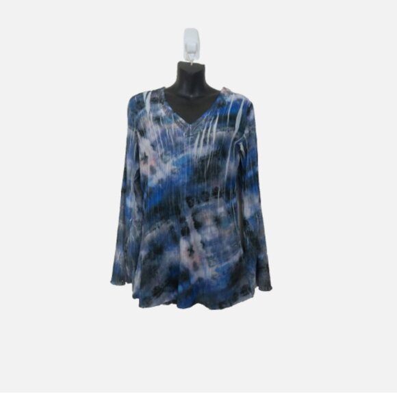 Komarov size Small Blue Bell Sleeve Blouse Top V Neck Lace Up Back - Picture 1 of 4